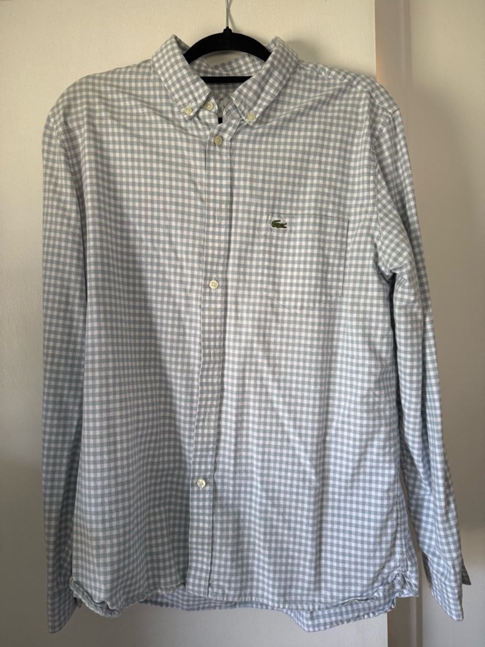 Lacoste Men’s Light Blue and White Gingham Button-Down Shirt